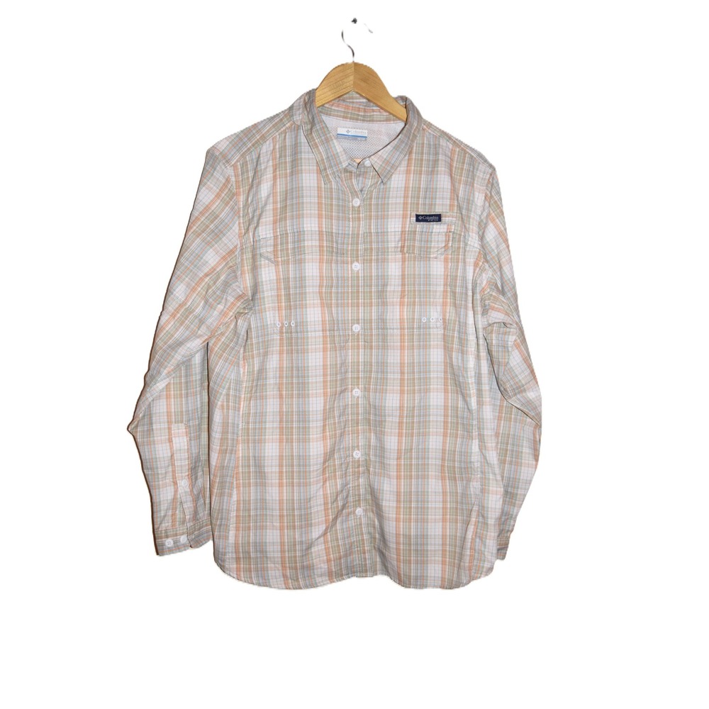Columbia PFG Fishing Shirt Mens 1X Orange Plaid Long Sleeve Vented Excellent